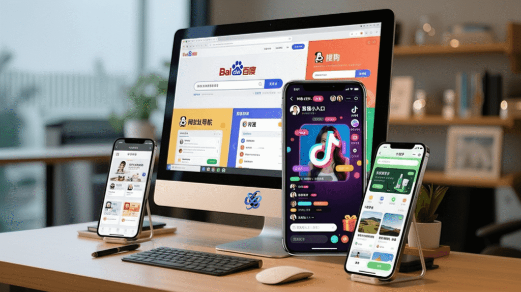 VjQj 여러 채널 자동 배포 - 바이두·위챗·더우인 통합 플랫폼 VjQj 다채널 플랫폼 - 바이두 검색, 위챗 미니프로그램, 더우인 앱 동시 노출 시연, PC와 모바일 화면 표시